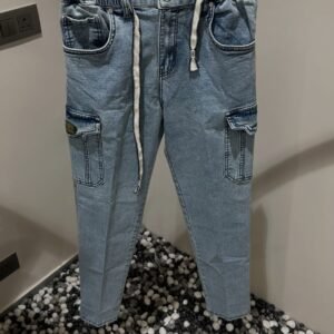 Premium Light Blue Korean Fit Denim Cargos at Royal Fashion